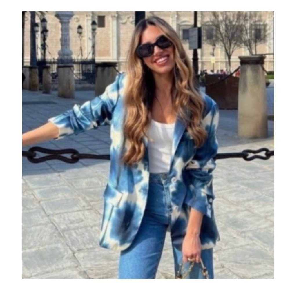 ZARA • Satin Effects Stylish Tie-Dye Blue & White Blazer Jacket - Picture 13 of 15